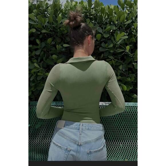 “OQQ Sage Green Collared Long Sleeve Bodysuit – Sleek & Sculpting NEW/SMALL - Picture 3 of 6